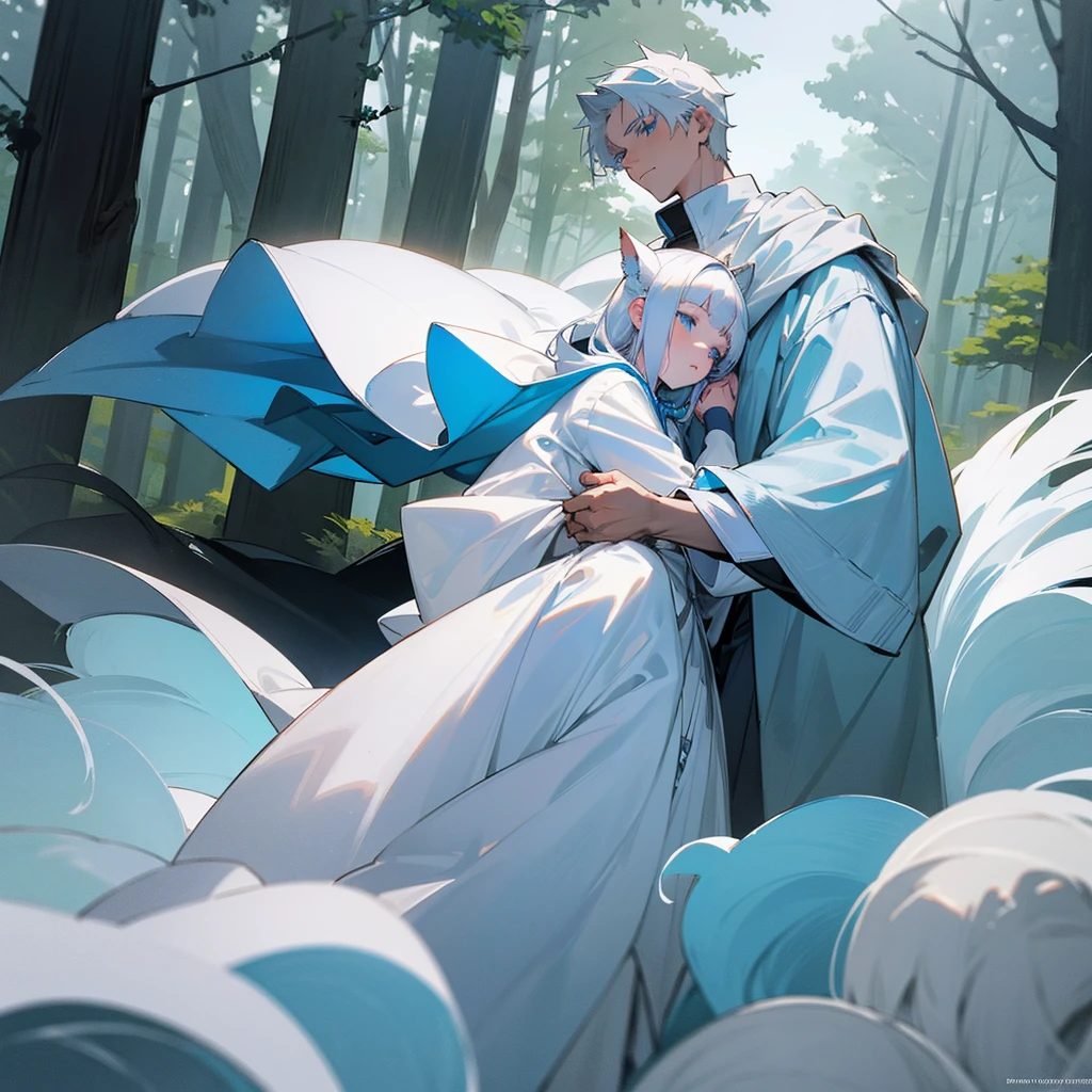 White-haired-blue-eyed boy dressed in white clothes and hood, carrying a sleeping 16 year old woman with ears in his arms, white beast in the middle of the forest, evening