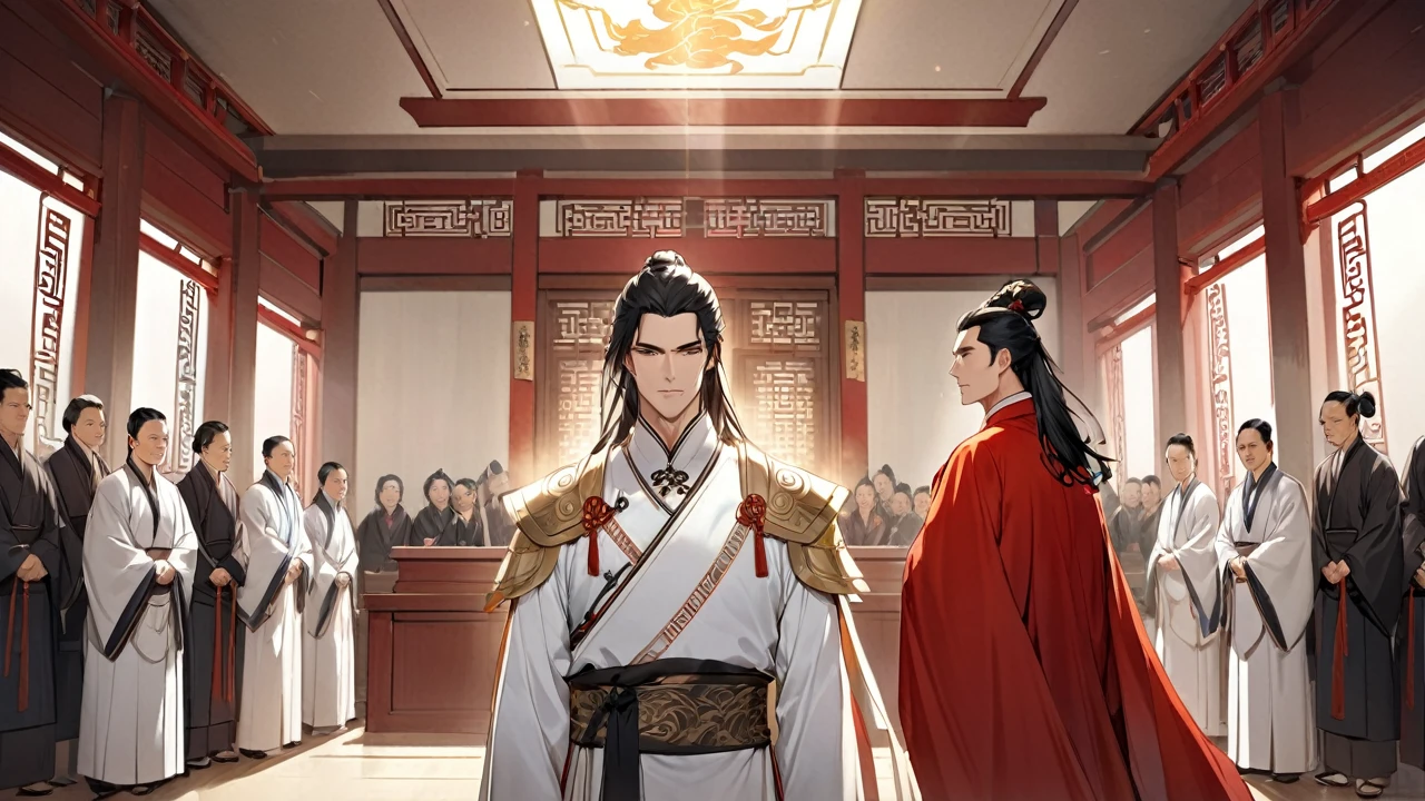 a handsome outstanding and noble warrior with a radiant aura, in white ancient Chinese warrior clothing with a silver stripes  and a red long cape. He has long black hair styled in an ancient Chinese manner.he is standing inside a bright colored chin dynasty courtroom and behind him there are elders dressed in white robes with golden stripes.