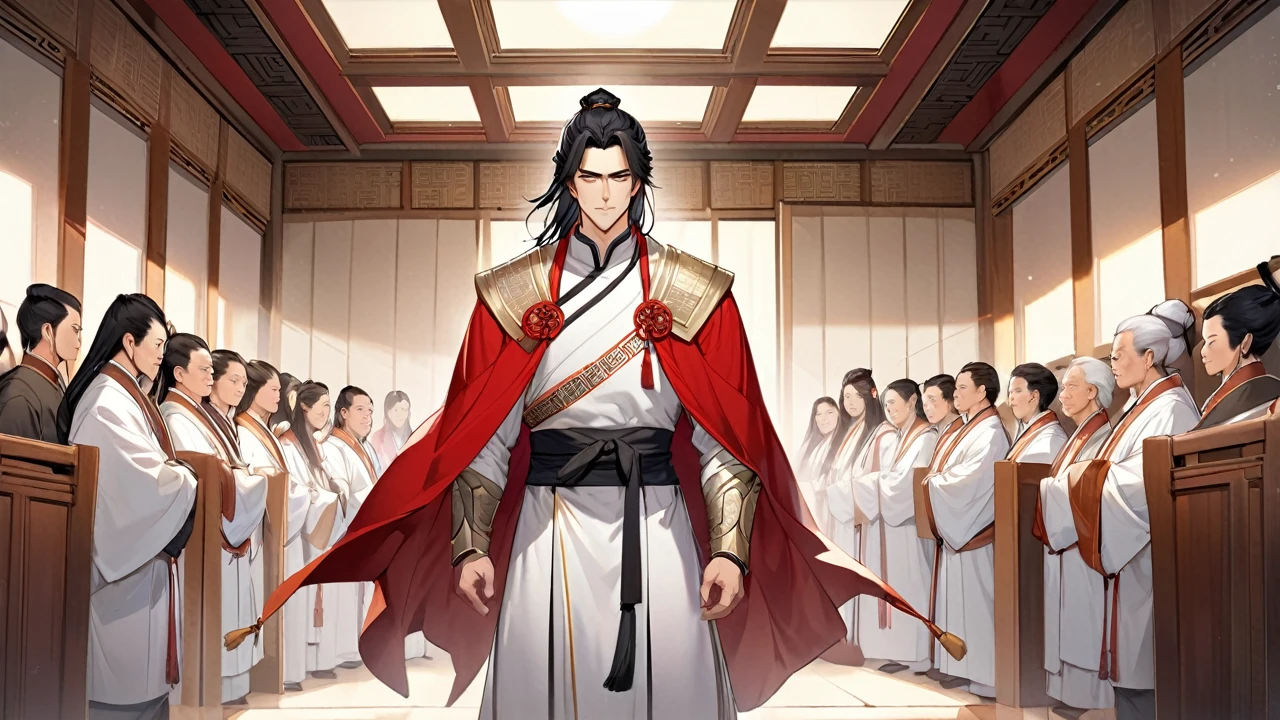 a handsome outstanding and noble warrior with a radiant aura, in white ancient Chinese warrior clothing with a silver stripes and a red long cape. He has long black hair styled in an ancient Chinese manner.he is standing inside a bright colored chin dynasty courtroom and behind him there are elders dressed in white robes with golden stripes.