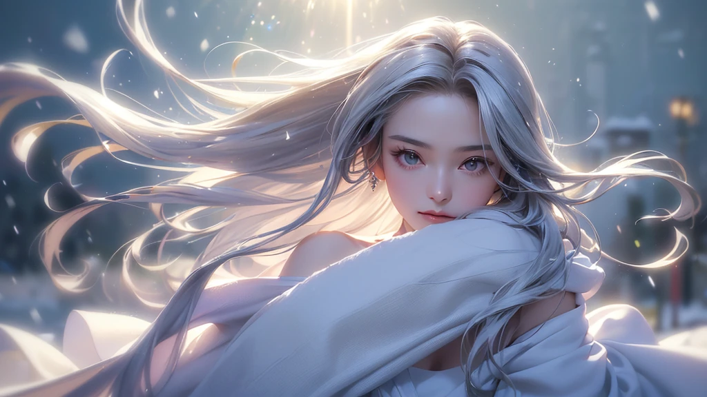 ((masterpiece:1.5、8k、Portraiture、フォトリアリスティックでVery detailedなCG、Very detailed、Particle Effects、Dynamic Effects、Shallow depth of field、Cinematic Light、Lens flare、Ray Tracing、Tabletop、Realistic:1.4、Ultra-high resolution:1.2、Realistic、Realistic))((alone、1 girl,A woman wearing a cashmere coat over an off-the-shoulder dress:1.4、Elegant woman posing、Look Up、Detailed face、bright表情、young, bright, Whiter skin、small breasts、Best Looks、Ultimate beauty、Shiny silver hair with highlights、bright and shiny hair,、Super long, Silky straight hair、Hair dancing in the wind))(morning、The setting is outdoors in the snow、Surrounded by illuminations)Wear warm clothes