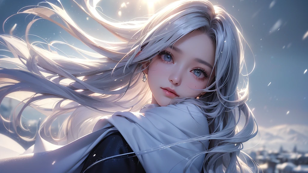 ((masterpiece:1.5、8k、Portraiture、フォトリアリスティックでVery detailedなCG、Very detailed、Particle Effects、Dynamic Effects、Shallow depth of field、Cinematic Light、Lens flare、Ray Tracing、Tabletop、Realistic:1.4、Ultra-high resolution:1.2、Realistic、Realistic))((alone、1 girl,A woman wearing a cashmere coat over an off-the-shoulder dress:1.4、Elegant woman posing、Detailed face、bright表情、young, bright, Whiter skin、Ample breasts、Best Looks、Ultimate beauty、Shiny silver hair with highlights、bright and shiny hair,、Super long, Silky straight hair、Hair dancing in the wind))(morning、The setting is outdoors in the snow、Surrounded by illuminations)Wear warm clothes
