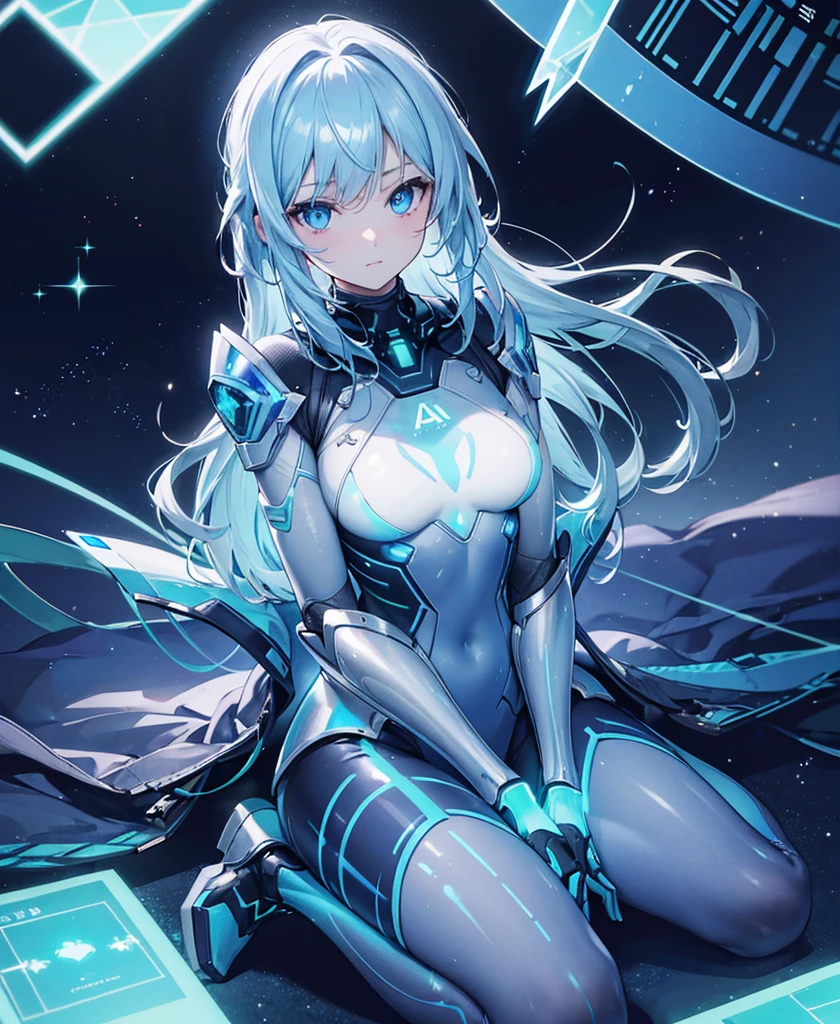 ((Holographic glow effect)),8k, Highest quality, (real:1.4), Original photo, 1 girl, Asari Hair, Biological Amplifier, refined armor, posture: Peace talks between warring factions, smart blue eyes,whole body