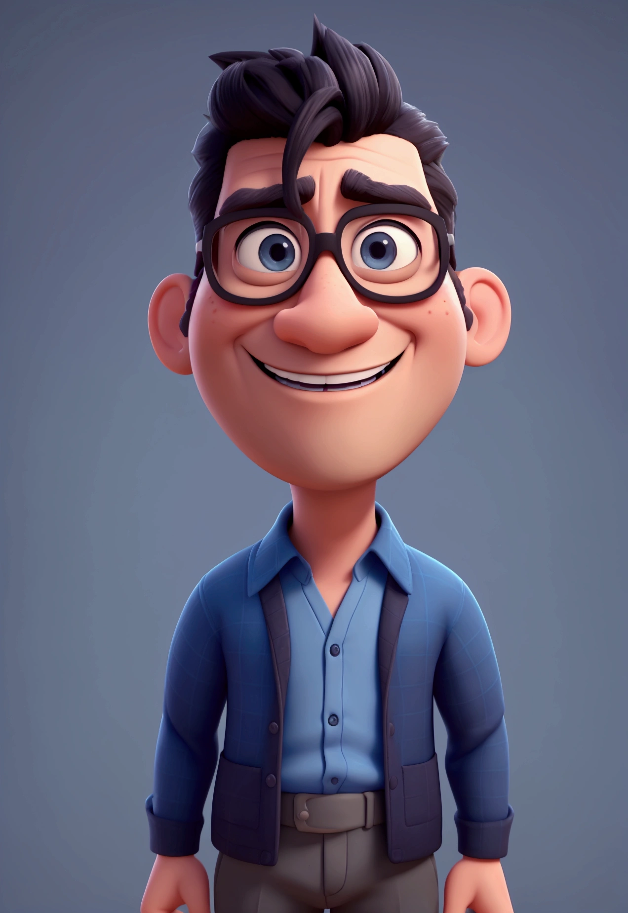 Cartoon character of a man in black glasses and blue shirt, animation character, stylized character, animation style rendering, 3d stylized, Arnold Maya rendering, Stylized 3D rendering, toon render screenshot, 3d character, 3d character, Stylized 3D rendering, 3D character rendering, cartoon character, Personagem de close up, character posing, (Pixar-style) (master part:1.2) (bokeh) (best qualityer) (skin detailed) (detailed texture) (8k) (Argilla) (cinematic lighting) (sharp focus