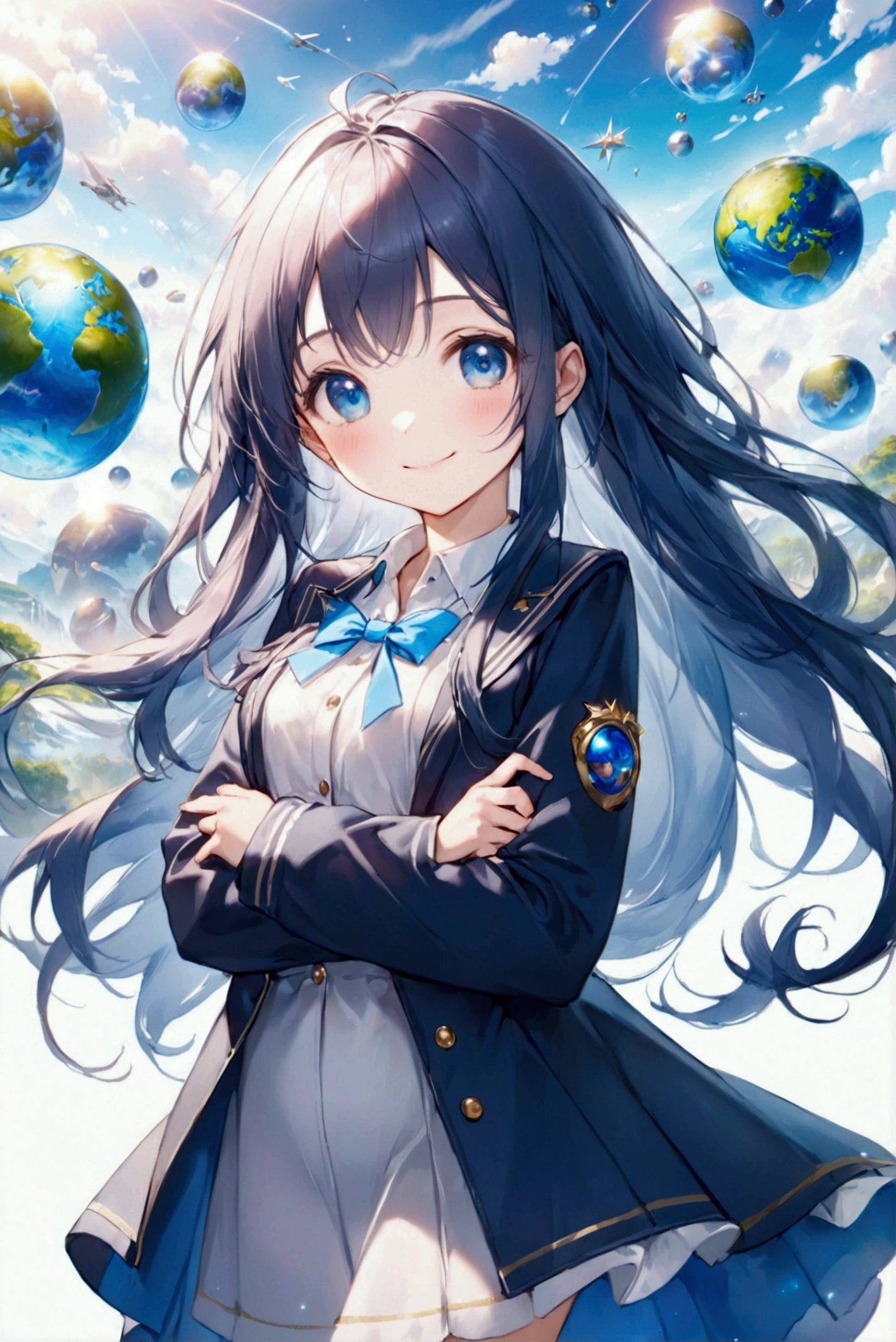 (Highest quality, 8k, 32K, masterpiece, Ultra-high resolution,:1.2),to be born, One Girl,So cute , A fantasy background resembling a daytime electronic world, clear, Shining Eyes, Age 25 ,Fair skin, Navy Blue Girl, General personal clothes, Long Hair, Smile
