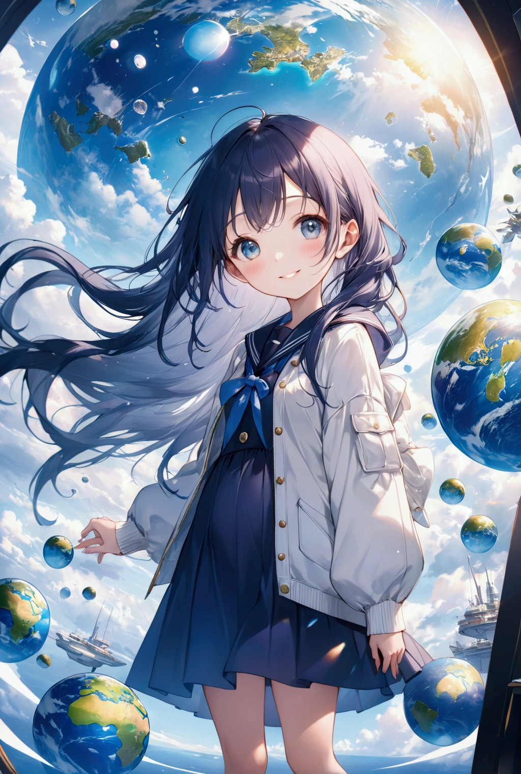 (Highest quality, 8k, 32K, masterpiece, Ultra-high resolution,:1.2),to be born, One Girl,So cute , A fantasy background resembling a daytime electronic world, clear, Shining Eyes, Age 25 ,Fair skin, Navy Blue Girl, General personal clothes, Long Hair, Smile