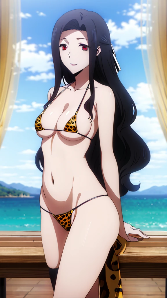 (masterpiece, 4K, Highest quality, anime style: 1.9, Detailed face, Lovely, Ocean,Bold Line, High resolution, anime, Lake 4. alone, Curvaceous, Thighs, Cleavage, Center of chest, smile, Please open your mouth wide, Very slim belly, Cowboy Shot,Leopard print micro bikini,1 girl,Red eyes, Black Hair, Long Hair, Wavy Hair, Curtain-like bangs