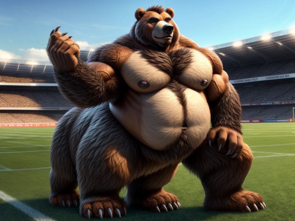 furry, fur taur, beartaur, human-like, anthro,  middle-age, solo,1man, detailed face, bear ears, bear eyes(brown), bear nose(black), bear mouth, beard(grey), hair, mature hair(grey), detailed arm, thick arm, forearm hair, muscular, thick hands(5 fingers), thick claws, detailed body belly, thick body, muscle belly(white), thick chest, chest hair(white), nipples, detailed taur body, thick taur body, waist hair, thick bear paws, bear paws hair, thick bear claws, thick bear tail, full body shot, standing on the sports field