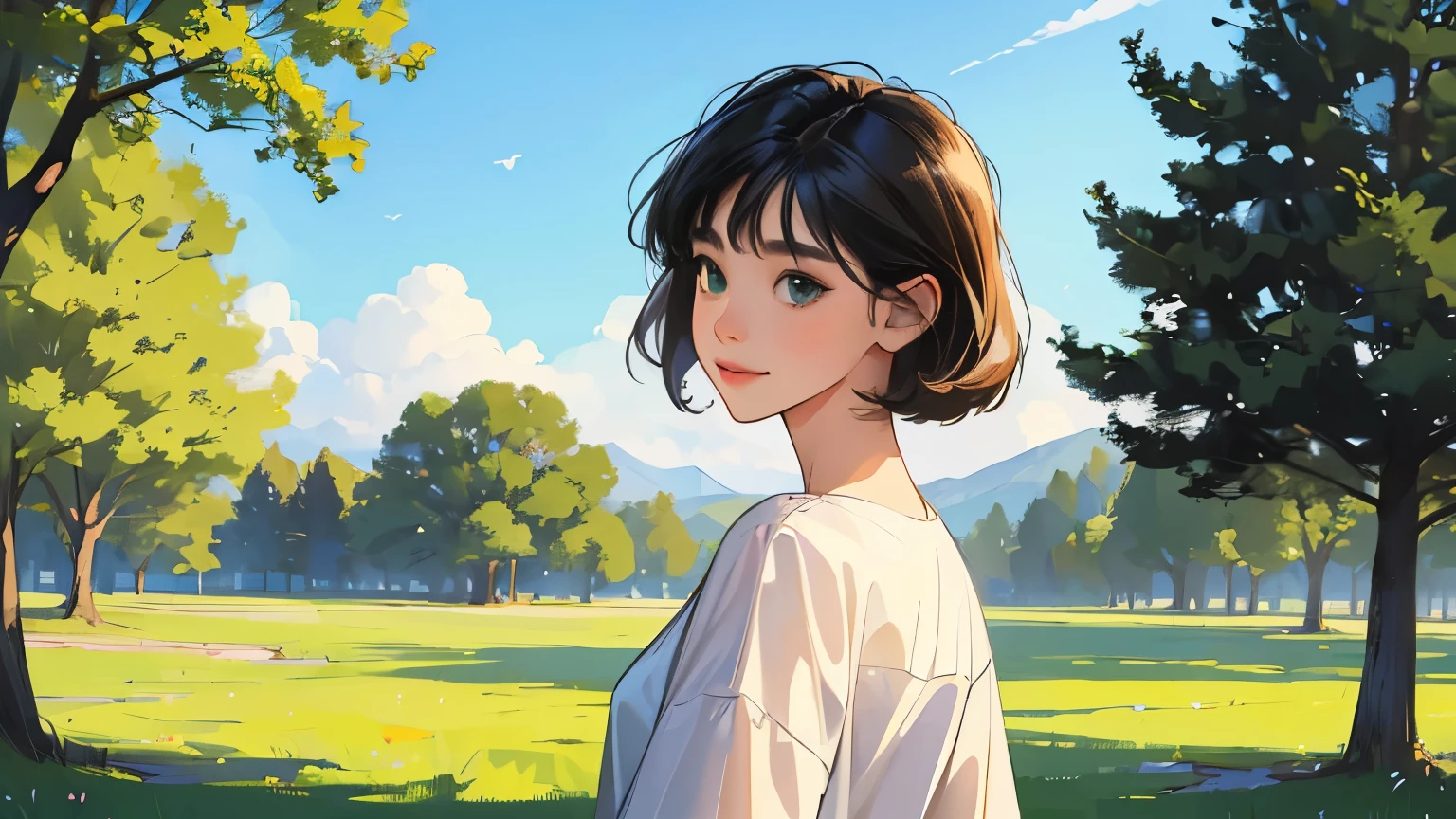 ((masterpiece)),(((bestquality))),((ultra-detailed)) realisticlying, 1 girl, Beautiful, shirt, black hair, short hair, happy, solo, The sky morning, blue sky, green, looking to viewer, trees, house