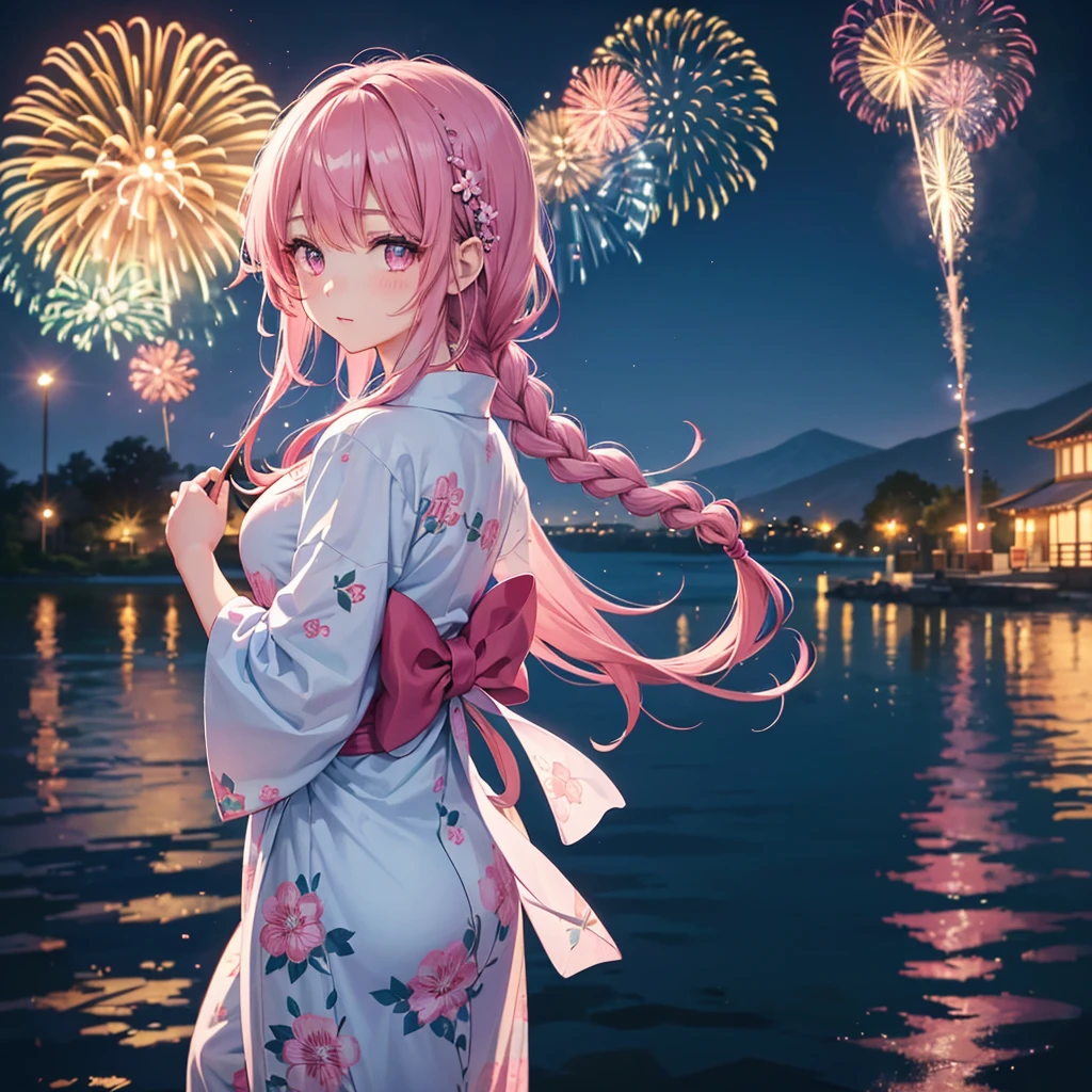 Sky Blue Medium Hair, (Braided hair),(Pink Eyes),Fair skin ,(whole body),(1 girl)、Floral Yukata、summer night、Fireworks on the lake、Big fireworks、Straight bangs,(masterpiece, Highest quality, Very detailed, Best Shadow), (Detailed Background), (Beautifully detailed face), High Contrast, (Best lighting, Very delicate and beautiful), ((Cinematic Light)), colorful, Hyper Detail 8k, Dramatic Light, Intricate details,Fireworks light reflected on the water