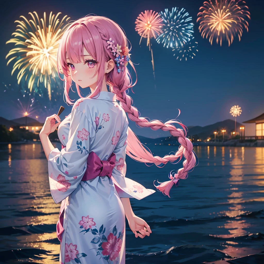 Sky Blue Medium Hair, (Braided hair),(Pink Eyes),Fair skin ,(whole body),(1 girl)、Floral Yukata、summer night、Fireworks on the lake、Big fireworks、Straight bangs,(masterpiece, Highest quality, Very detailed, Best Shadow), (Detailed Background), (Beautifully detailed face), High Contrast, (Best lighting, Very delicate and beautiful), ((Cinematic Light)), colorful, Hyper Detail 8k, Dramatic Light, Intricate details,Fireworks light reflected on the water