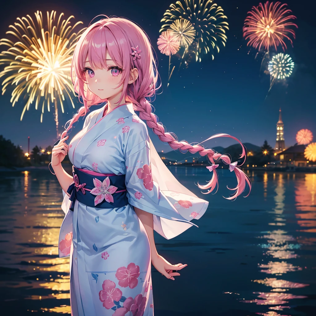 Sky Blue Medium Hair, (Braided hair),(Pink Eyes),Fair skin ,(whole body),(1 girl)、Floral Yukata、summer night、Fireworks on the lake、Big fireworks、Straight bangs,(masterpiece, Highest quality, Very detailed, Best Shadow), (Detailed Background), (Beautifully detailed face), High Contrast, (Best lighting, Very delicate and beautiful), ((Cinematic Light)), colorful, Hyper Detail 8k, Dramatic Light, Intricate details,Fireworks light reflected on the water