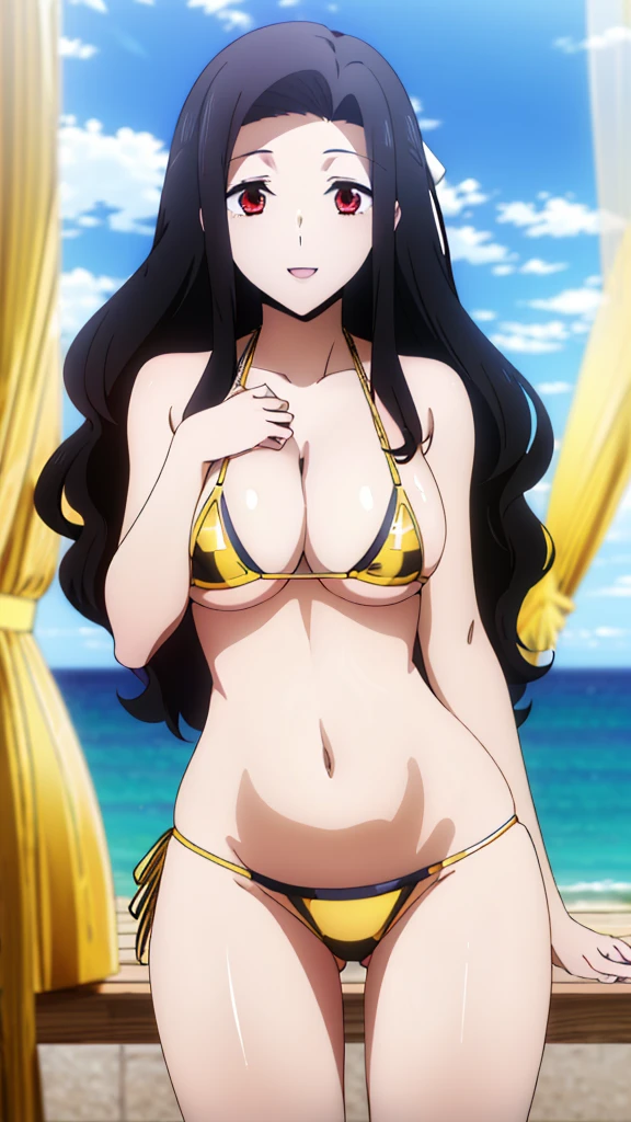 (masterpiece, 4K, Highest quality, anime style: 1.9, Detailed face, Lovely, Ocean,Bold Line, High resolution, anime, Lake 4. alone, Curvaceous, Thighs, Cleavage, Center of chest, smile, Please open your mouth wide, Very slim belly, Cowboy Shot,(((Golden Bikini))),1 girl,Red eyes, Black Hair, Long Hair, Wavy Hair, Curtain-like bangs