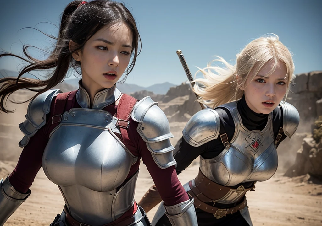 A stunning female warrior with flowing Blonde hair, clad in metal armor that accentuates her curves. Her face radiates beauty and courage, with piercing Orange eyes. She wields a samurai with confidence, ready for battle. The background depicts an epic battlefield. Dramatic lighting highlights the details of her armor and facial expression. Realistic style with high detail, The mouth is hidden,she's got his sword at the ready,close eyes,no move,don't move,foward body.