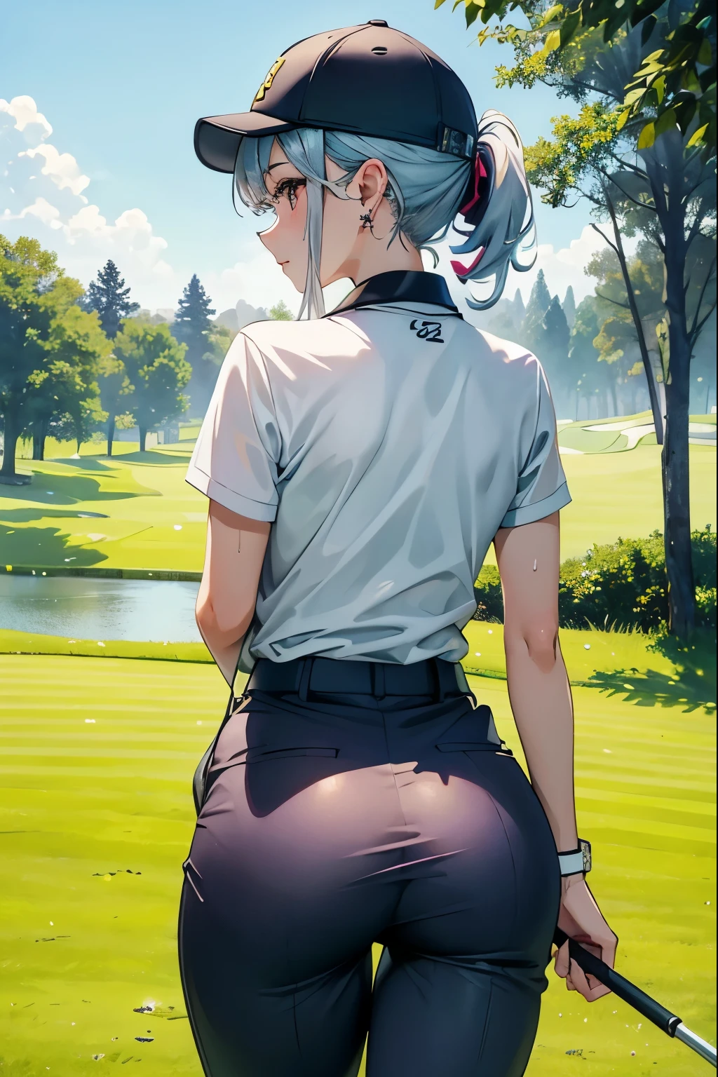 Golf Beauty、Enchanting Girl、Adorable expression、1 realistic club、Earrings、Vibrant、Sweat、game、Holding a golf club、Back view、Beautiful buttocks、Golf course、Bend、Turn around、cute、golf cap