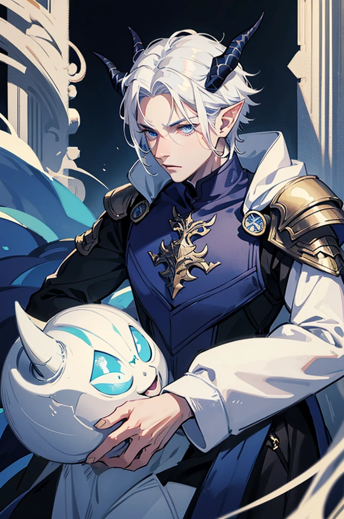 Male, man, very short hair, white hair, dark blue eyes, very pale skin, dark blue horns, horns, pointy ears, armour, fantasy