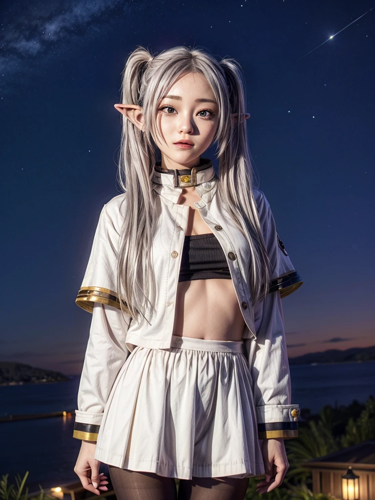 One girl,alone,Fairy,Gray Hair, Grey Hair, Earrings, Pointed Ears, Long Hair, ponytail, Green Eyes, Twin tails, Parted bangs, Thick eyebrows,
Capelet with collar, White capelet, Striped shirt, Long sleeve,Striped, White Skirt,
pantyhose,
Night Sky, performer, Milky Way, milky way,
 