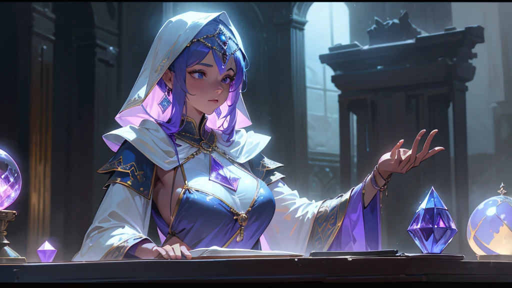 A fortune teller telling a fortune、Crystal ball on the table、mysterious、Fantasy、middle ages、A woman wearing a transparent white robe、Woman in bikini armor、Dimly lit interior、Curtain Room、Big Breasts、sexy、Moonlight、Downlight、full moon、Plump、Sideboob、4K、8k、Highest quality