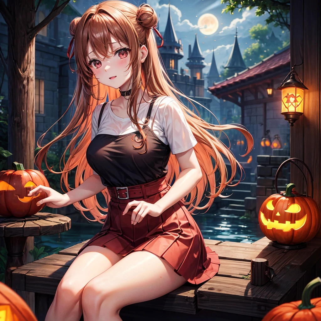 Red-blonde、Red eyes、One cute girl、solo、And soul、Light clothing、Checked mini skirt、petal、Wet hair、Sit on、black t-shirts、large tree、cloud、full moon、monster castle、Lantern in the shape of a pumpkin、Hell's Gate、armor、barefoot、Stones are piled up、Teeth are visible、Secret Treasure、Wooden chair、Moss grows、Fortress City、water is gushing out、Lightning strikes、Tilting face