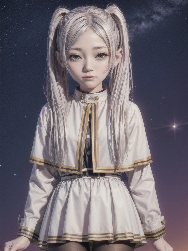 One girl,alone,Fairy,Gray Hair, Grey Hair, Earrings, Pointed Ears, Long Hair, ponytail, Green Eyes, Twin tails, Parted bangs, Thick eyebrows,
Capelet with collar, White capelet, Striped shirt, Long sleeve,Striped, White Skirt,
pantyhose,
Night Sky, performer, Milky Way, milky way,