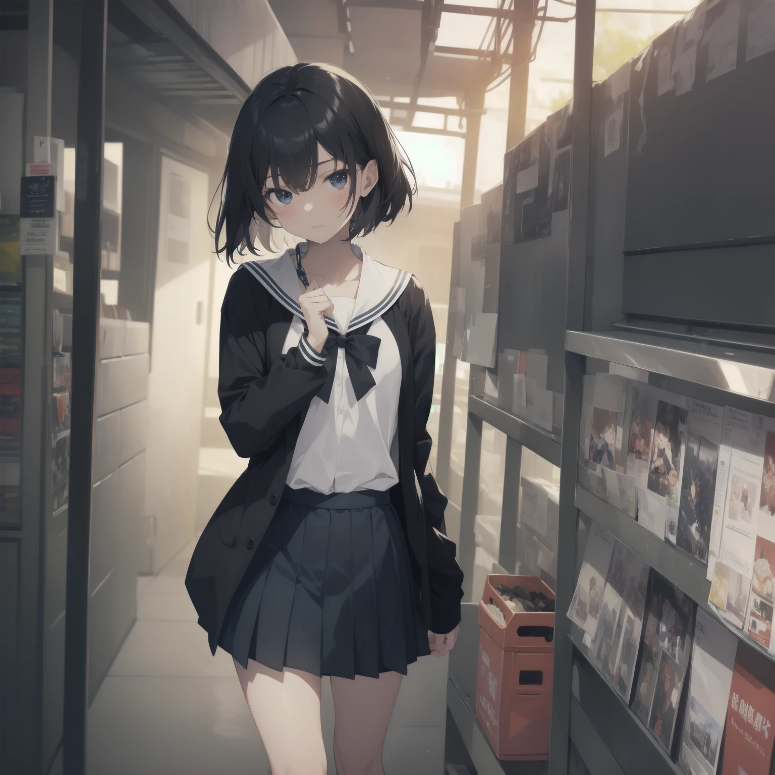 ultra-absurdres-Top quality by artist God, ultra-detailed, high resolution, anime moe artstyle, best anime 8k konachan wallpaper, pixiv contest winner, pool:2810, perfect ???????,break, 1girl, (Please draw a girl walking sleepily to school alone. )break,(Solo,little female, 13-year-old:1.3),Full limbs, complete fingers,a junior high school student, (very short hair), short cut, flat chest, , small butt, small black eyes, beautiful detailed eyes, well-proportioned iris and pupils, expressive eyes, highres detailed hair, soft expression, salor school_uniform, sailor collar, serahuku, bow, pleated skirt,(Detailed Lighting), (Detailed background), in the School commute route. break,super detailed skin, Best cinematic lighting powered by famous artist, 8k,beauty illustration,photoshop_(medium),very aesthetic,break,((artist:zen_(kamuro) )), artist:clamp ,artist:carnelian ,artist:kantoku ,