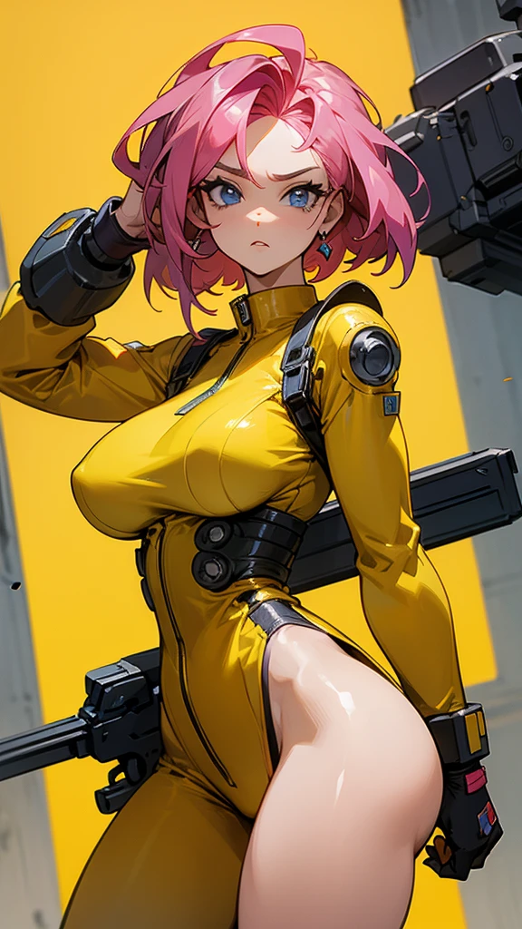 Seios fake, Mature woman with serious look, Facial Focus, big pink hair, shining blue eyes, wearing a mustard yellow jumpsuit with big capuz,  breasts big, looking 35 years old, eye on the spectator, look to the camera, , the background is a cyberpunk battlefield, Free hands, thick-thighs, ((look ahead)), Masterpiece artwork, Cyberpunk war scenario, shooting machines, capuz amarelo, seios pontudos, seios fake grandes, big fake breasts 
