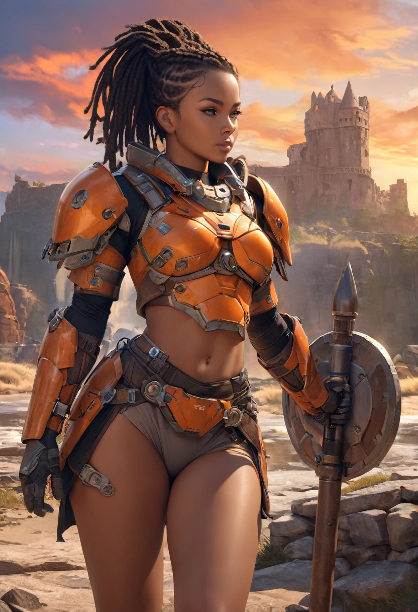 Close up of African woman with (short black dreadlocks), dark skin, black hair pulled back, wearing a (heavy orange mechanical armor, power armor covering her chest and arms, orange breast plate), with large (round orange shoulder pads), chipped paint, (visible wires and gears connect the shoulder pads to the armored gloves), wires and cables run down her arms. (bare hips, bare thighs, bare legs). in contrast to her high tech armor she wears fur on her lower body. Fur trim. Loincloth, (fur shorts, fur skirt:1.1). Castle ruins background, large broken stones litter the area. Show her holding a mace and shield. multicolor sky, colorful clouds. (best quality,4k,8k,highres,masterpiece:1.2), ultra-detailed, (realistic,photorealistic,photo-realistic:1.37),(Numerous award-winning masterpieces, incredibly detailed and textured, maximal resolution and clarity), (Hyper-realistic:1.4), (Realistic:1.3), super quality, beautiful detail, super detailed, extra fine, 16K, exquisite, absurd, high resolution