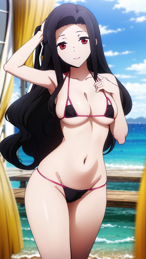 (masterpiece, 4K, Highest quality, anime style: 1.9, Detailed face, Lovely, Ocean,Bold Line, High resolution, anime, Lake 4. alone, Curvaceous, Thighs, Cleavage, Center of chest, smile, Please open your mouth wide, Very slim belly, Cowboy Shot,(((Strike Micro Bikini))),1 girl,Red eyes, Black Hair, Long Hair, Wavy Hair, Curtain-like bangs,Sexy pose