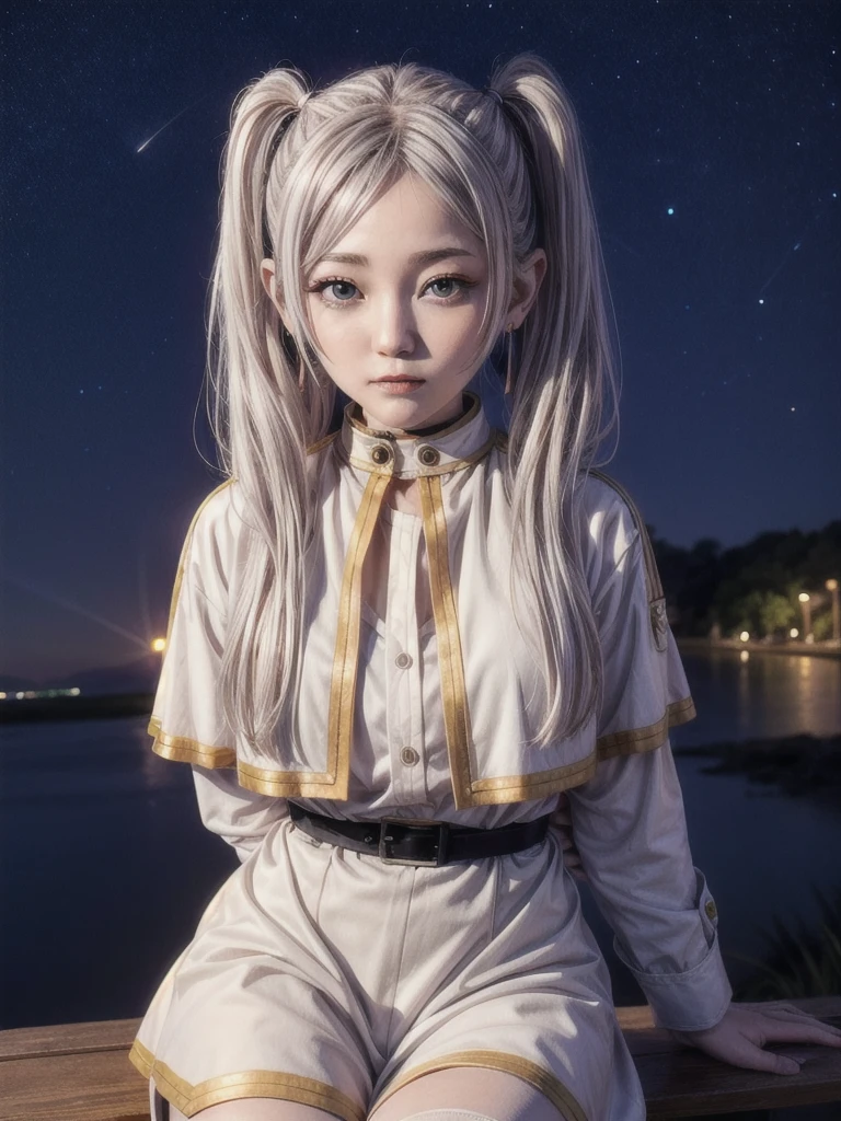 One girl,alone,Fairy,Gray Hair, Grey Hair, Earrings, Pointed Ears, Long Hair, ponytail, Green Eyes, Twin tails, Parted bangs, Thick eyebrows,
Capelet with collar, White capelet, Striped shirt, Long sleeve,Striped, White Skirt,
pantyhose,
Night Sky, performer, Milky Way, milky way,