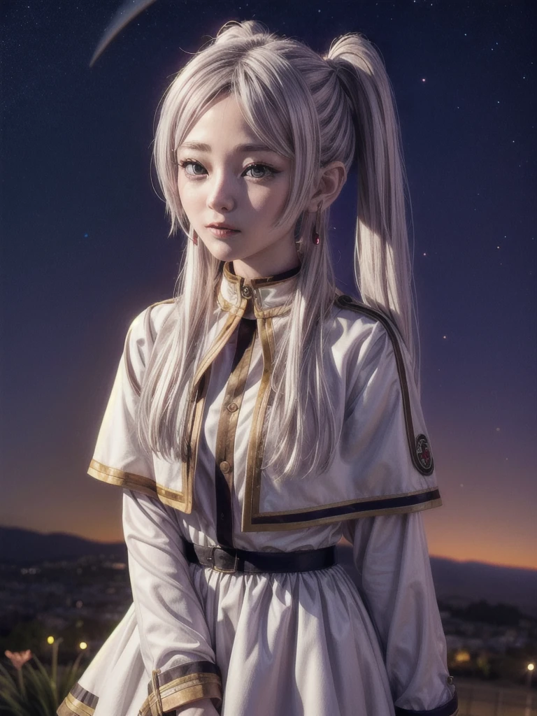 One girl,alone,Fairy,Gray Hair, Grey Hair, Earrings, Pointed Ears, Long Hair, ponytail, Green Eyes, Twin tails, Parted bangs, Thick eyebrows,
Capelet with collar, White capelet, Striped shirt, Long sleeve,Striped, White Skirt,
pantyhose,
Night Sky, performer, Milky Way, milky way,
