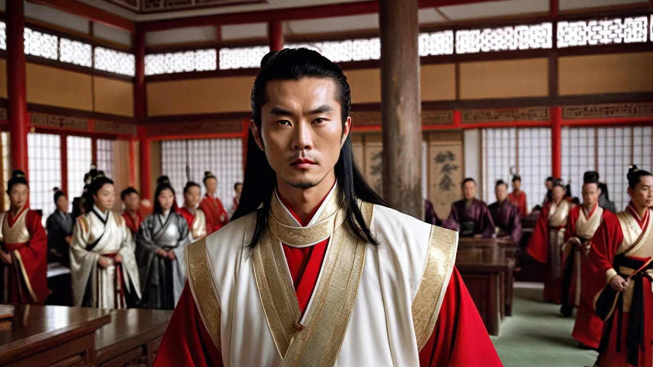 a handsome outstanding and noble warrior with a radiant aura, in white ancient Chinese warrior clothing with a silver stripes and a red long cape. He has long black hair styled in an ancient Chinese manner.he is standing inside a bright colored chin dynasty courtroom and behind him there are elders dressed in white robes with golden stripes.
