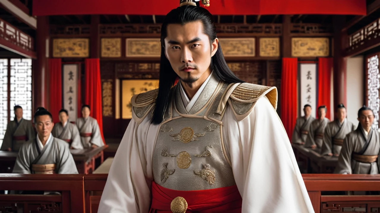 a handsome outstanding and noble warrior with a radiant aura, in white ancient Chinese warrior clothing with a silver stripes  and a red long cape. He has long black hair styled in an ancient Chinese manner.he is standing inside a bright colored chin dynasty courtroom and behind him there are elders dressed in white robes with golden stripes.