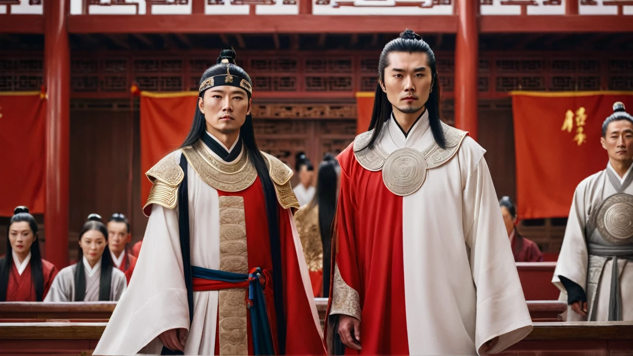 a handsome outstanding and noble warrior with a radiant aura, in white ancient Chinese warrior clothing with a silver stripes and a red long cape. He has long black hair styled in an ancient Chinese manner.he is standing inside a bright colored chin dynasty courtroom and behind him there are elders dressed in white robes with golden stripes.