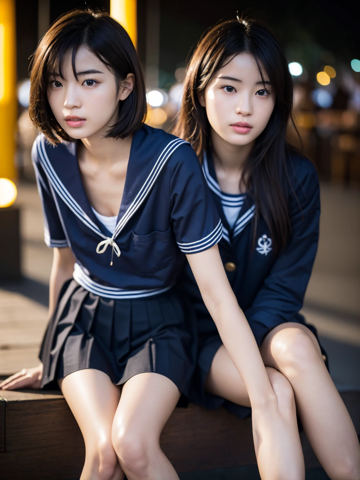 (masterpiece:1.2), Very detailed, Ultra-high resolution, (Realistic, photo Realistic:1.6), High-resolution RAW color photos, Professional photos, Sharp focus:1.2, (Very detailed顔と肌の質感, Very beautiful eyes, Glossのある肌, Glowing Skin, Glowing Skin, Shining Face, Gloss, Oily skin, greasy face, Oily skin, greasy face,),, (real Glossのある肌 texture), Perfect Anatomy, Very detailed背景,((Night Park)), (1 female),(1 female),25-year-old woman, Japanese women,Height: 160cm,(short hair, Straight hair, bangs, Brown Hair),(Flat Chest:1.6), (((Japanese high school girls uniform,Sailor suit,Above the knee length skirt)))
