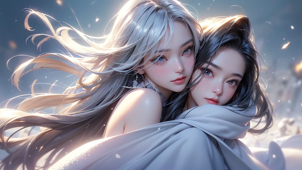 ((masterpiece:1.5、8k、Portraiture、フォトリアリスティックでVery detailedなCG、Very detailed、Particle Effects、Dynamic Effects、Shallow depth of field、Cinematic Light、Lens flare、Ray Tracing、Tabletop、Realistic:1.4、Ultra-high resolution:1.2、Realistic、Realistic))((alone、Woman wearing a cashmere coat:1.4、Elegant woman posing、look up、Detailed face、bright表情、young, bright, Whiter skin、small breasts、Beautiful cleavage、Best Looks、Ultimate beauty、Shiny silver hair with highlights、bright and shiny hair,、Super long, Silky straight hair、Hair dancing in the wind))(morning、The setting is outdoors in the snow、Surrounded by illuminations)
