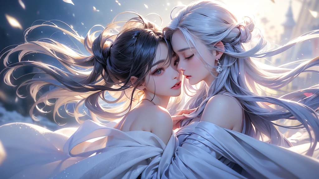 ((masterpiece:1.5、8k、Portraiture、フォトリアリスティックでVery detailedなCG、Very detailed、Particle Effects、Dynamic Effects、Shallow depth of field、Cinematic Light、Lens flare、Ray Tracing、Tabletop、Realistic:1.4、Ultra-high resolution:1.2、Realistic、Realistic))((alone、1 girl,A woman wearing a cashmere coat over an off-the-shoulder dress:1.4、Elegant woman posing、Look Up、Detailed face、bright表情、young, bright, Whiter skin、small breasts、Best Looks、Ultimate beauty、Shiny silver hair with highlights、bright and shiny hair,、Super long, Silky straight hair、Hair dancing in the wind))(morning、The setting is outdoors in the snow、Surrounded by illuminations)Wear warm clothes