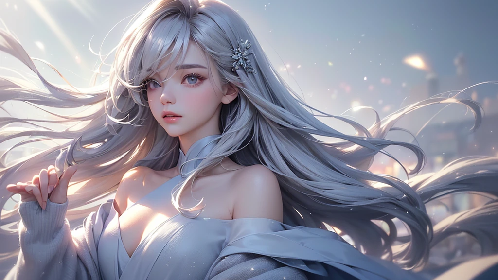 ((masterpiece:1.5、8k、Portraiture、フォトリアリスティックでVery detailedなCG、Very detailed、Particle Effects、Dynamic Effects、Shallow depth of field、Cinematic Light、Lens flare、Ray Tracing、Tabletop、Realistic:1.4、Ultra-high resolution:1.2、Realistic、Realistic))((alone、1 girl,A woman wearing a cashmere coat over an off-the-shoulder dress:1.4、Elegant woman posing、Look Up、Detailed face、bright表情、young, bright, Whiter skin、small breasts、Best Looks、Ultimate beauty、Shiny silver hair with highlights、bright and shiny hair,、Super long, Silky straight hair、Hair dancing in the wind))(morning、The setting is outdoors in the snow、Surrounded by illuminations)Wear warm clothes