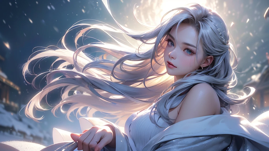 ((masterpiece:1.5、8k、Portraiture、フォトリアリスティックでVery detailedなCG、Very detailed、Particle Effects、Dynamic Effects、Shallow depth of field、Cinematic Light、Lens flare、Ray Tracing、Tabletop、Realistic:1.4、Ultra-high resolution:1.2、Realistic、Realistic))((alone、1 girl,A woman wearing a cashmere coat over an off-the-shoulder dress:1.4、Elegant woman posing、Look Up、Detailed face、bright表情、young, bright, Whiter skin、small breasts、Best Looks、Ultimate beauty、Shiny silver hair with highlights、bright and shiny hair,、Super long, Silky straight hair、Hair dancing in the wind))(morning、The setting is outdoors in the snow、Surrounded by illuminations)Wear warm clothes
