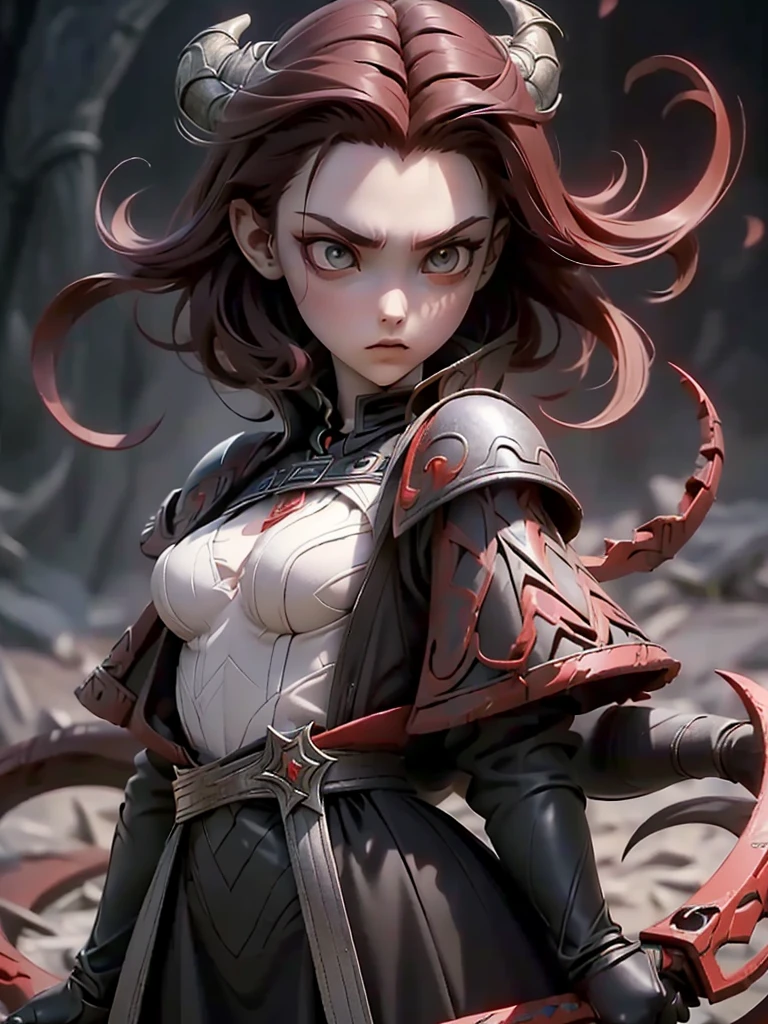(((Best Quality))), (((Masterpiece))), ((Realistic)) ((full body shot)) slender cute pale demon girl, pointing ears, (red colored eyes), (short stylish black hair), wearing demon armor (intricate details:1.5) holding a giant demon stylish scythe.