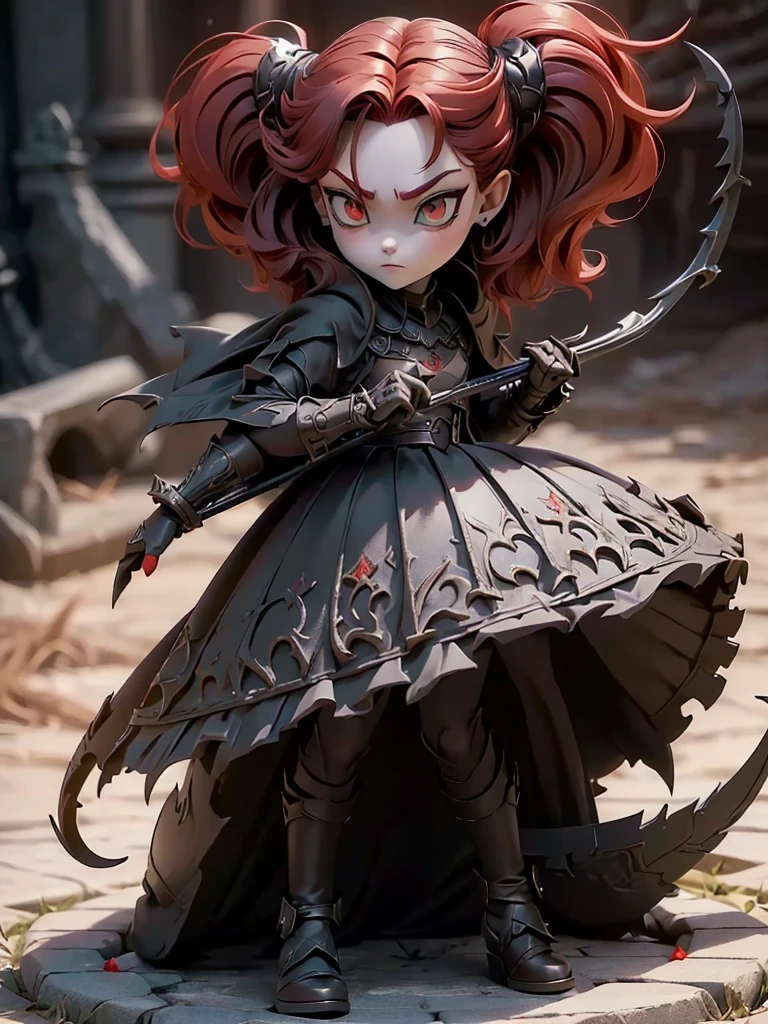 (((Best Quality))), (((Masterpiece))), ((Realistic)) ((full body shot)) slender cute  pale demon girl, pointing ears, (red colored eyes), (short stylish black hair), wearing demon armor (intricate details:1.5) holding a giant demon stylish scythe.