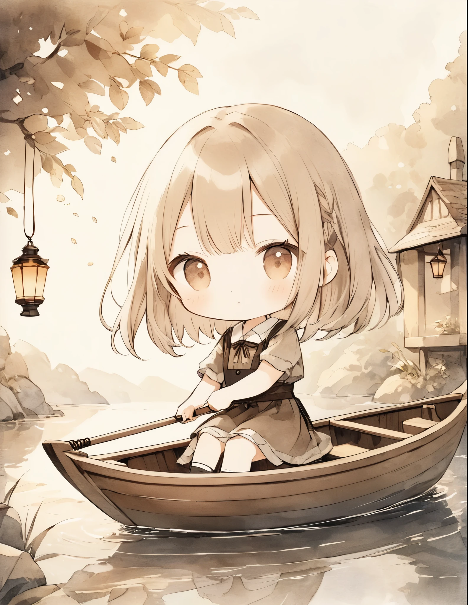 Written on old parchment、Sepia watercolor style illustration。There were stains here and there、Vintage textured paper。A medieval stream、It depicts a pretty girl rowing a small boat.。There is a lantern on the bow of the boat.、There is a faint light。The overall work has an anime-like and cute atmosphere.。The contrast between the old texture and the cute illustration style is appealing.。