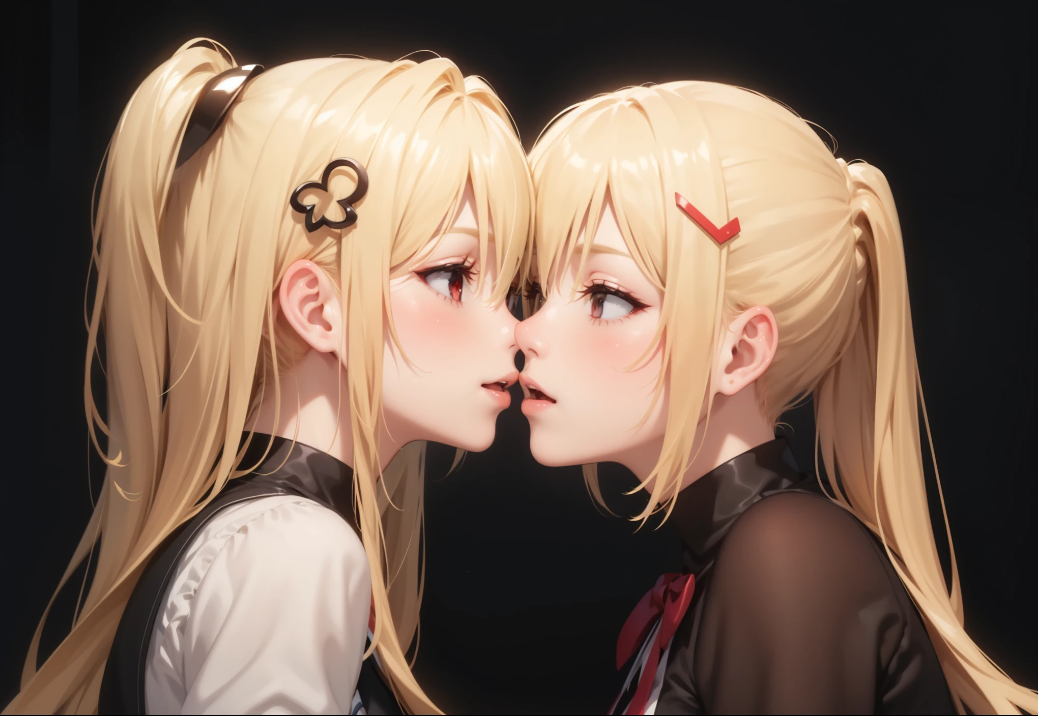 1girl,   golden_darkness, long hair, very long hair, two side up, hair ornament, medium breasts, hair intakes, hair between eyes, golden_darkness, long hair, very long hair, two side up,  a woman kissing, kissing together cutely, realistic!!, at pixiv, happy!!!, top rated on pixiv, [ 4 k digital art ]!!, けもの, kissing together, pixiv, zerochan, popular on pixiv, exciting illustration, pixiv 3dcg, rule 34, 