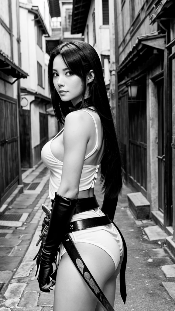 Women with sharp sword blushing, old town alley in background, black and white manga image