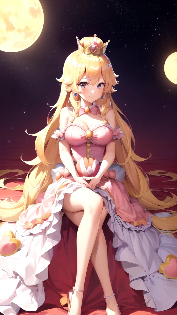 ((female )) with ((Long straight light blonde Hair)) and ((height 5'0)) and ((height short)) ((light light pink eyes)) and ((massive Breasts)) and ((massive waist)), ((full-length portrait)), ((thicc)), ((sitting down on a bed holding breasts)), ((wear Princess Peach dress)) and ((Massive Hourglass Figure))