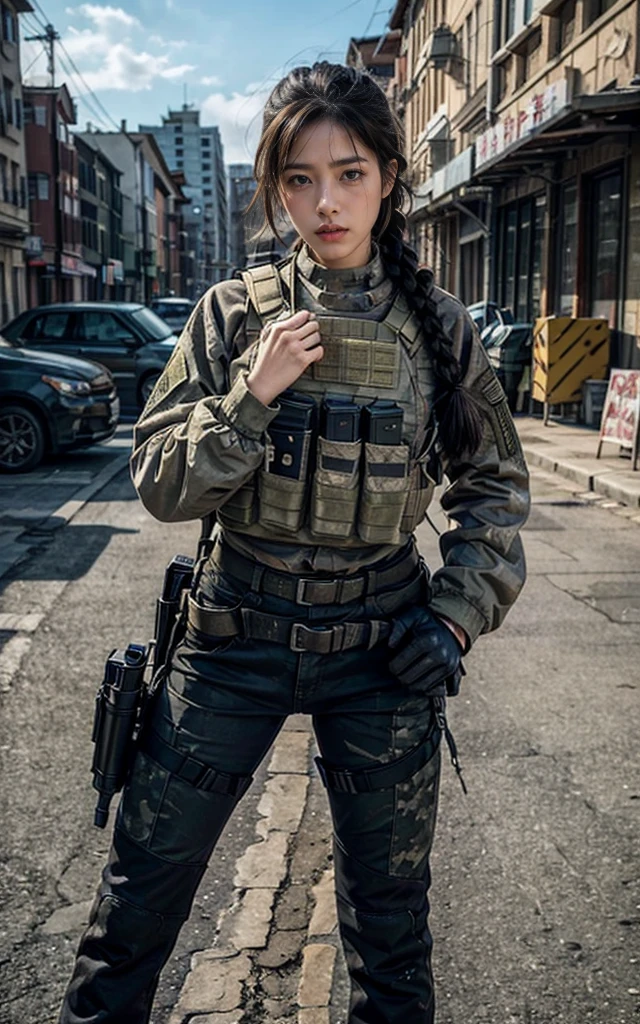 (photography:1.3, 16K, best quality, masterpiece, existltra-high reSolution), Perfect dynamic composition:1.2, Highly detailed skin and facial texture:1.2, covered in wounds:1.2, (End of the World:0.7, In stark contrast to the desolate background:0.7, Adding destructive elements:0.7, There are debris and impurities scattered around:0.7), (Dynamic action poses:1.0, 专业photography工作:1.0, Aim with a gun:1.0), exist.S. Military base, Beautiful JapaneSe women Serving in the existS military, Ultra-thin body, White skin, （Wearing braids），Very beautiful face, Stern expreSSion, （street fighting）(Automatic Rifle:1.0, Bulletproof vest:1.0, torn military uniform:1.0, Camouflage pants，Backpack:1.0, boots:1.0), Shapely breaStS, Chest space, Big eyes that exude beauty, Lips that radiate beauty, Cowboy Shot, necklace, earrings, bracelet