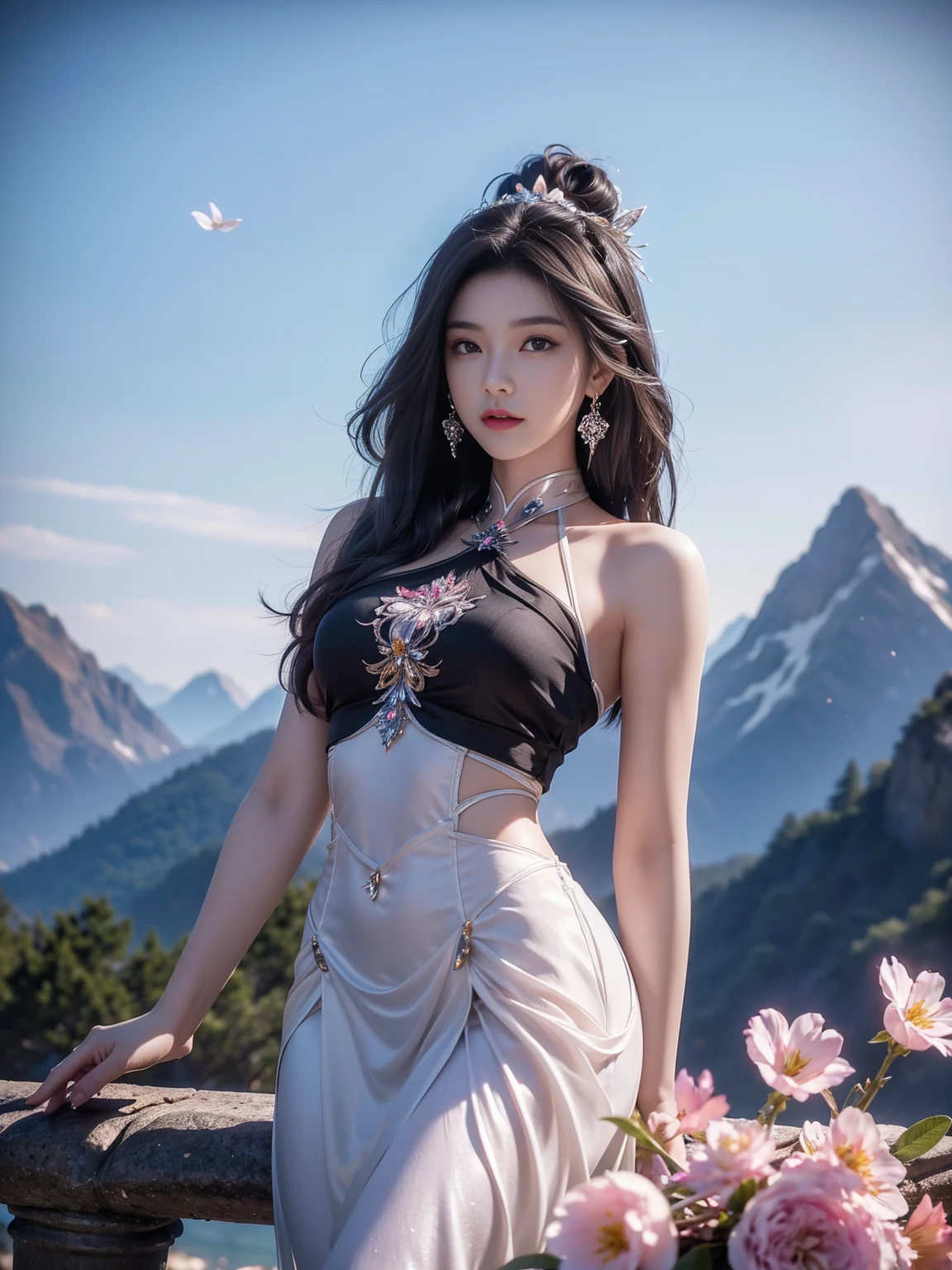 Top quality, masterpiece, high resolution, Chinese,,,,mountain peak,,The Peak,,,,,,Rooftop,,,,,,,naked,,stand erect,,1girl, charming appearance and personality, big body, extremely sexy, ,,,,Floral print ,, ,Floral print,, Light yellow floral fragments,,(transparent ), large hollow see-through, beautiful and delicate face, (desire figure) perfect slim figure (nipple slip: 0.5), perfect white skin,stand erect,,Smooth black long hair,,,,Black Hair