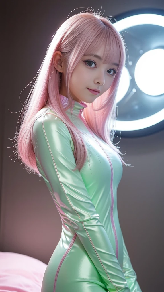 (Place your index finger on your chin, bend the index finger, Shiny rubber suit, gazing at viewer, Leaning forward, 1 girl, Looking at Viewer, from the front side, facing straight at viewer, white and pink clothes, green Gloves, futuristic spacesuit, Inside the spaceship restraint bed room), Smile, Upper body, body suit, Mini Pencil Skirt, High neck clothing, Hide the neck, drooping eyes, Head tilt, masutepiece, Best Quality, an extremely cute girl, 20 years old, gold hair, black line in the center of the clothes, pink Asessoris in hair