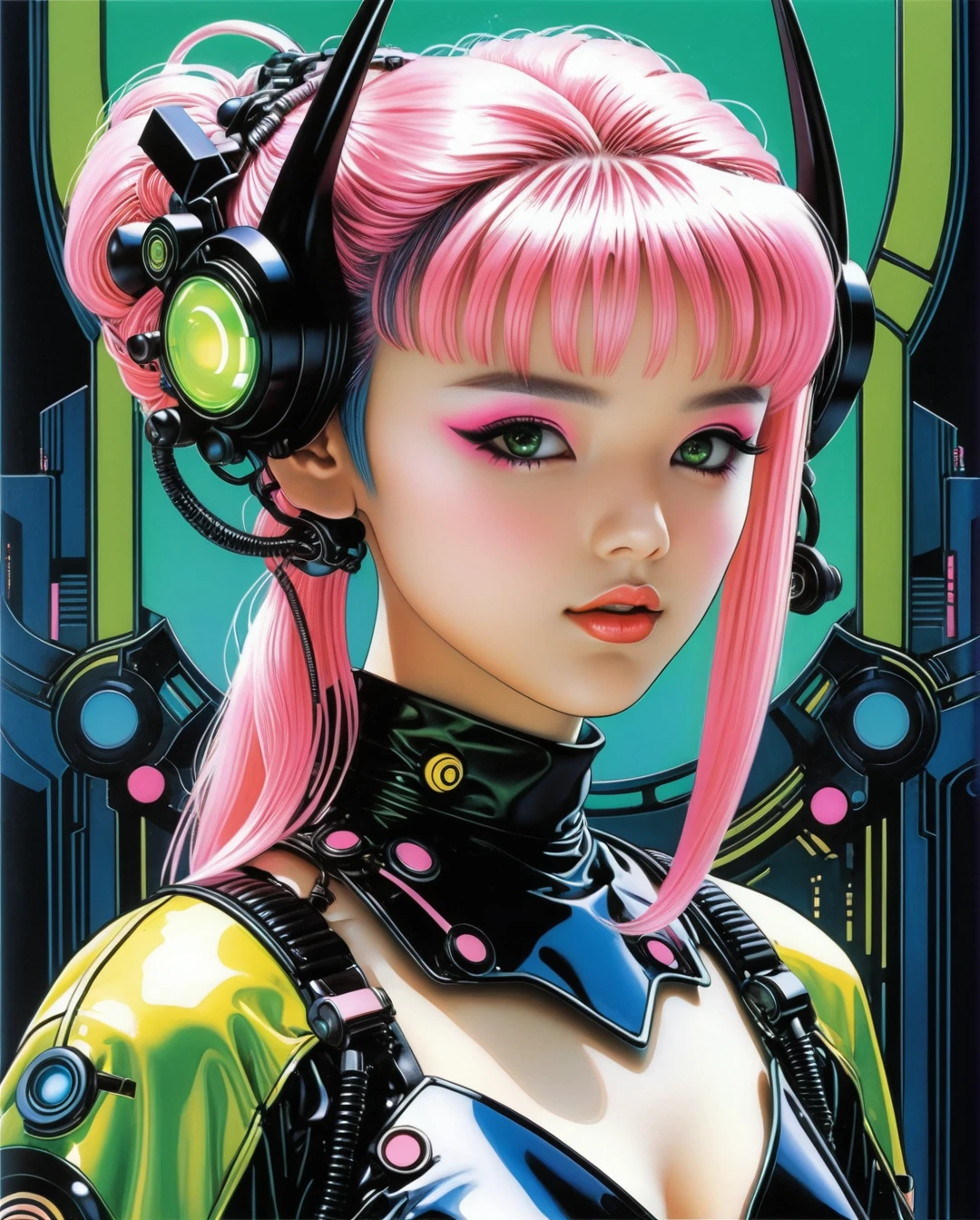Art style by Hajime Sorayama, Art style by Hiroshi Nagai, (Masterpiece, Top Quality, Super Detail, High Resolution, Best Illustration), 1990s (style), 1980s (style), retro art style, Highest image quality, (Masterpiece, top quality, super detail, high resolution, best illustration), vintage, 1990s \(style\), dynamic angle, kawaii robotic cyberpunk ta girl, with led plastic horns, view from below,Depth and Dimension in the green Pupils, gracefully crystalline cheeks, her attire adorned with intricate pink lace and dark, ethereal fabrics,elegantly complement her elaborate hairstyle, creating a mystical and captivating presence,eyes reminiscent of acyberpunks's gaze, exude an otherworldly charm, adding a touch of fantasy to the Gothic Loliesthetic,The fusion of traditional Lolita ents with cyberpunk-inspired details results in a unique and enchanting character,cyber-themed,goth person,lolita_fashichmrdrgn, (cyberpunk colors, grunge but extremely beautiful:1.4), dark futuristic background