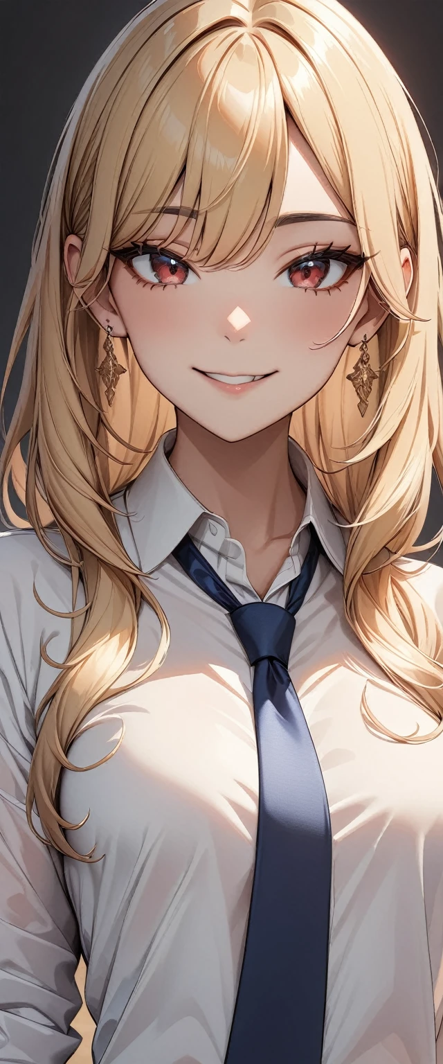 (masterpiece, Highest quality, でvery aesthetic, Super detailed), Intricate details,
One girl, Blonde, Red eyes, Collared shirt, White shirt, Earrings, Blue tie, smile, looking at viewer, Upper Body,