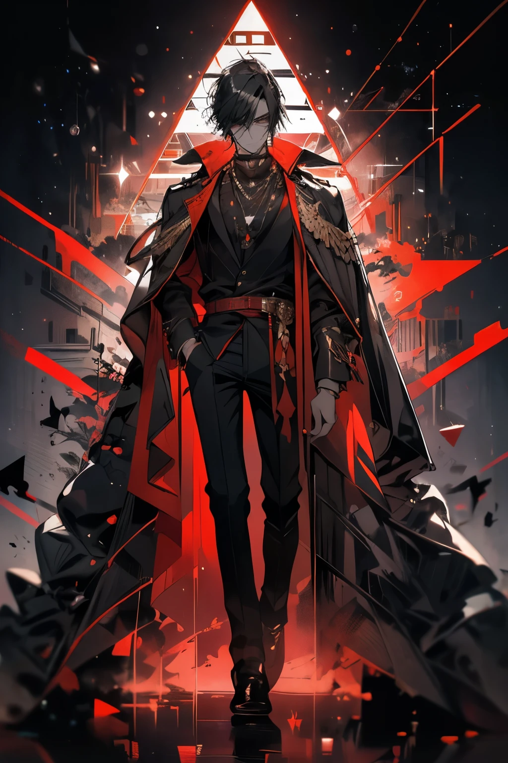 A young, tall man，Handsome face，Perfect facial features, Black long hair,Red eyes，Wearing black，Wearing a trench coat，Wearing a blood drop necklace，Wearing a great sword on his back，A knife and a pistol were on his waist.，Holding a Tang knife in his hand，Firm gaze，