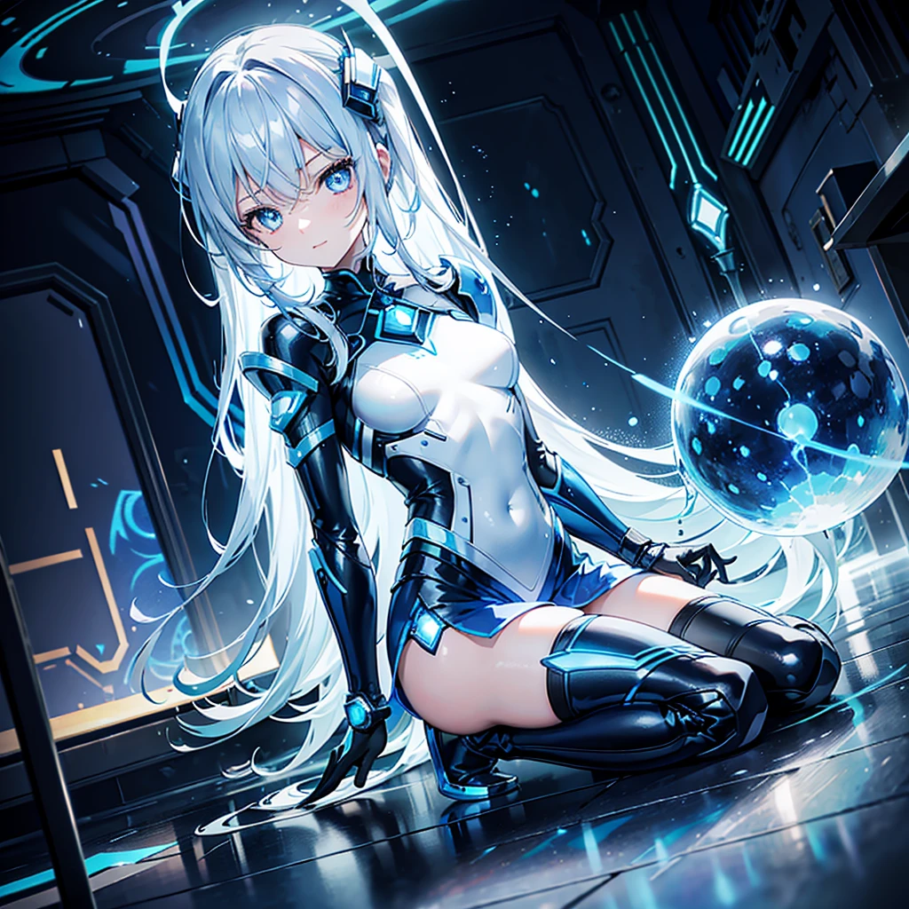 8k, Highest quality, (real:1.4), Original photo, 1 girl, Asari Hair, Biological Amplifier, Very sleek and futuristic armor, posture: Peace talks between warring factions,,attention arousal, smart blue eyes,A modest smile,Knee-high boots,Patent-look blue tights,Blue big moon and blue light swirl in the background,Blue light from behind,blue light magic,A small, glowing blue ball in the palm of your hand,Blue flame swirl,Blue Comet,Polished floor,